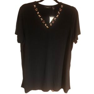 Susan Graver Artisan black knit top with jewel trimmed V- shaped neckline.